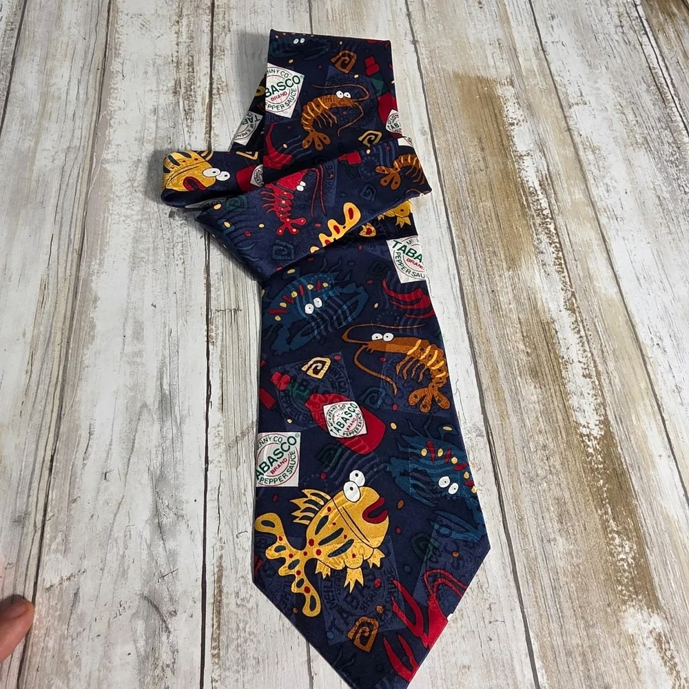 Tabasco Mens Silk Necktie Navy Blue Seafood Fish Shrimp Hot Sauce Novelty Tie